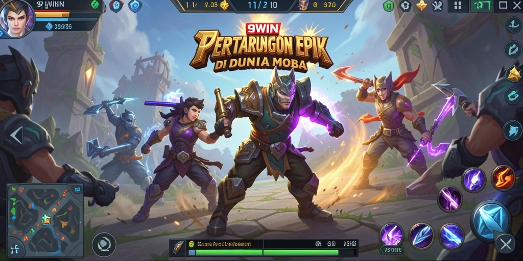 Screenshot menampilkan aksi intens dalam pertarungan MOBA di 9WIN.