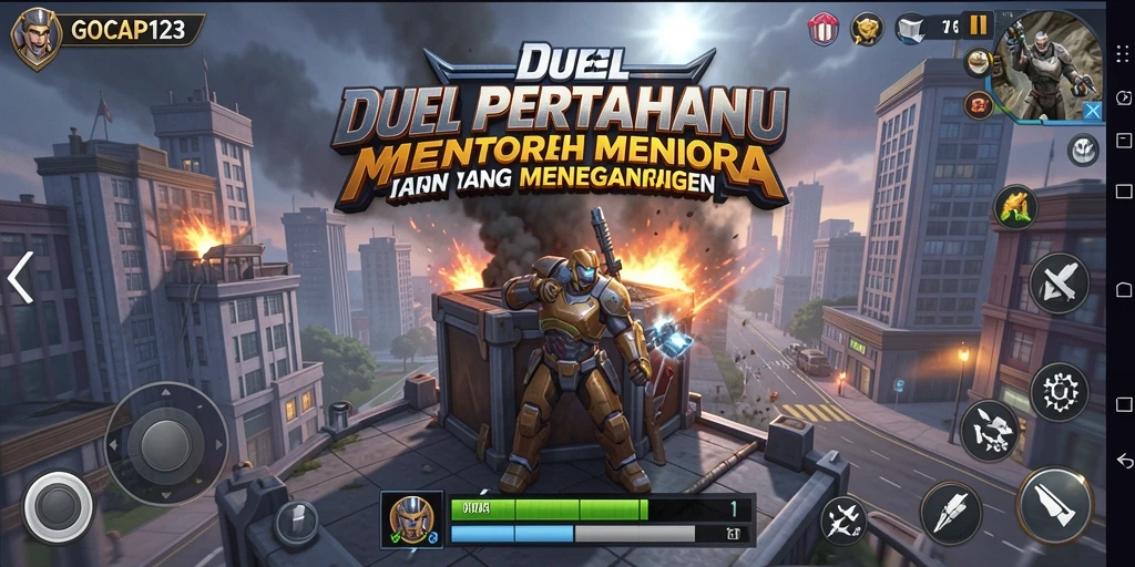 Tampilan gameplay menegangkan dari GOCAP123 dengan menara dan musuh.