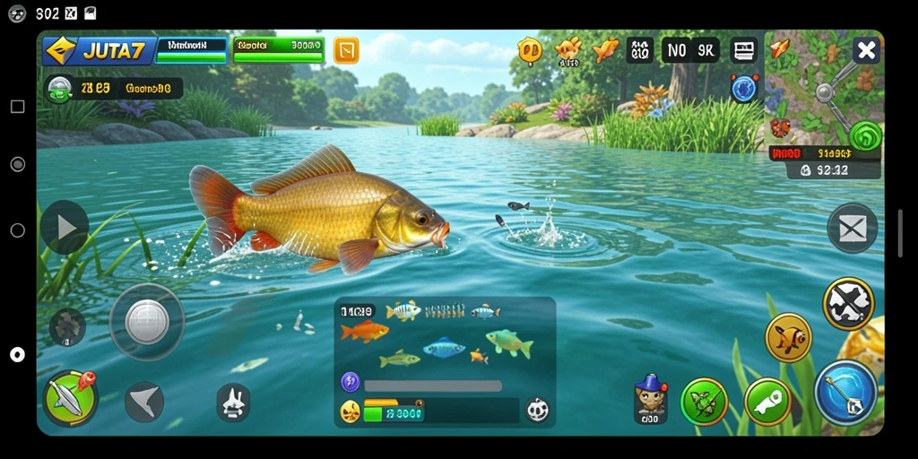 Screenshot gameplay JUTA7 menampilkan aktivitas memancing yang menegangkan.