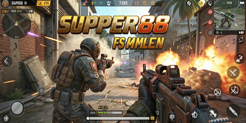 Tangkapan layar SUPER88 menunjukkan aksi seru di medan perang FPS.