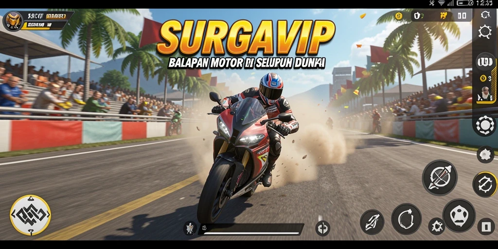 Screenshot SURGAVIP menampilkan balapan motor yang seru dan grafis memukau.